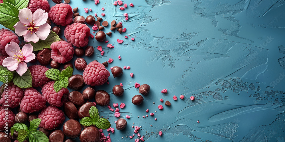 Raspberries, chocolates, and flowers arranged on a bright blue background banner copy space sweet life Raspberries, chocolates, and flowers arranged on a bright blue background banner copy space sweet life