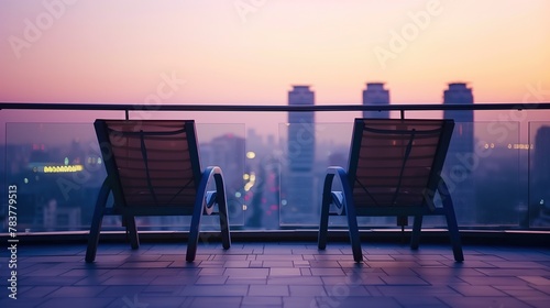 A pair of empty chairs on a balcony overlooking a city skyline, suggesting shared moments and conversation