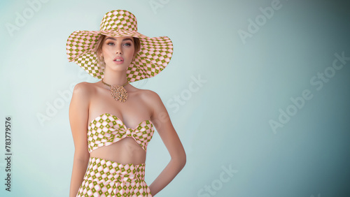 Fashion Model Frau im modernen bauchfreien eleganten Kleid mit Hut blickt in die Kamera, ai generativ