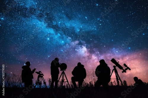 Astronomers Observing Starry Night Sky with Telescopes