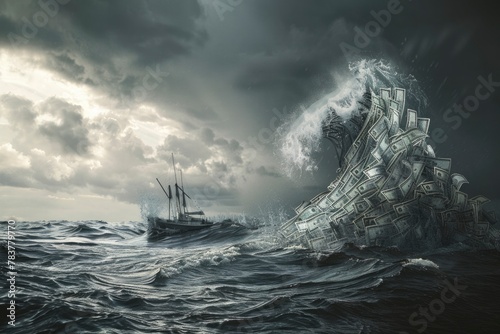 Surreal Ocean Waves Crashing into Money Boat Conceptual Artwork