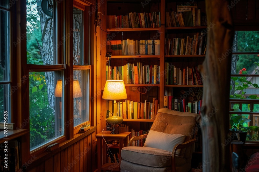 Cozy Home Library Nook with Lamp and Comfortable Chair