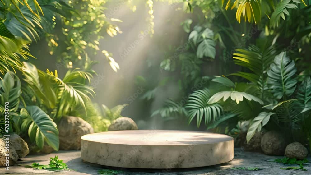 3d podium for product for advertising. with nature scenery with leaf, sunlight and trees. natural and relaxing ambience, 3d rendering 3d podium for product for advertising. with nature scenery with leaf, sunlight and trees. natural and relaxing ambience, 3d rendering