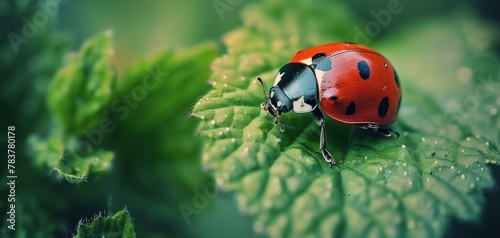 Macro photography, a vibrant red ladybug adorned with delicate black spots leisurely crawling on a lush green leaf