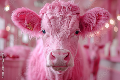 A pink cow up close in a room setting