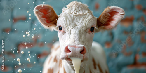 A cows face up close with bubbles of milk visible banner with copy space photo