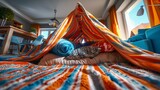 A blanket fort constructed in a living room.