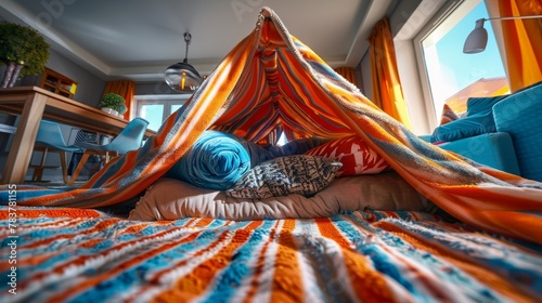 A blanket fort constructed in a living room. photo