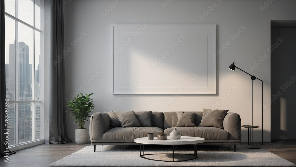 A blank mockup frame hangs on the wall in a modern interior room design, depicted in 3D render style. illustration generative ai A blank mockup frame hangs on the wall in a modern interior room design, depicted in 3D render style. illustration generative ai