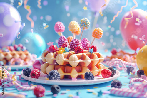 Waffles with curd and berry, Delicious dessert,decorated with lollipops candy necklaces balloons stars streamers and glittering confetti, Hyper-realistic style, Generative AI