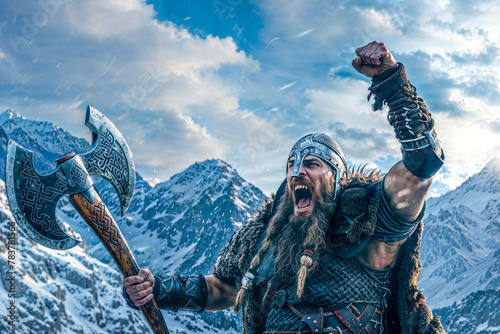 Viking warrior with axe, fist raised, battle, war