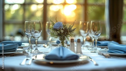 Beautifully set table with blue napkins, silverware and glasses for a special occasion © Goolya