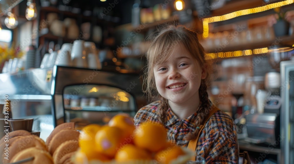 Young woman with Down syndrome managing a coffee shop, showing independence and confidence