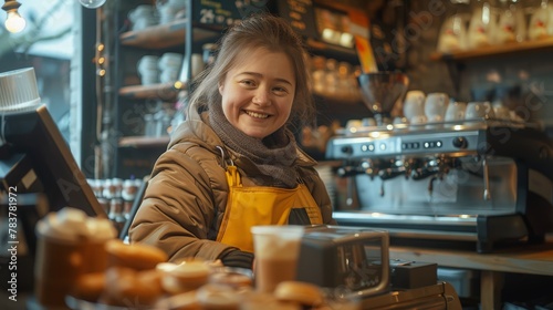 Young person with Down syndrome managing a coffee shop  showing independence and confidence