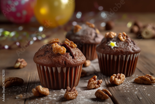 Date and walnut muffins, Delicious dessert,decorated with lollipops candy necklaces balloons stars streamers and glittering confetti, Hyper-realistic style, Generative AI