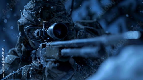 A detailed close-up of a military sniper covered in snow, the focus on the sniper rifle and scope, emphasizing precision and stealth