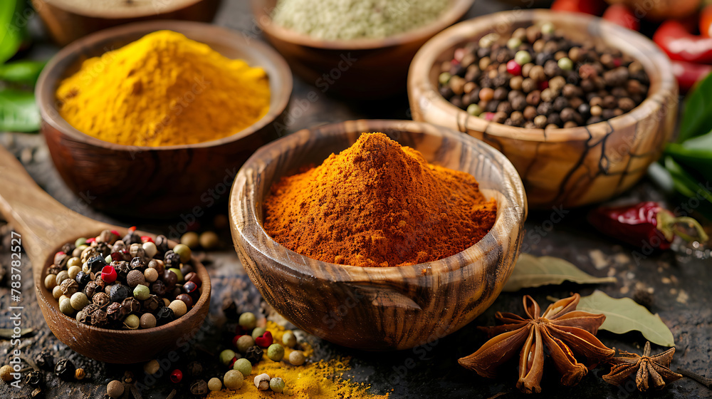 Various spices in wooden bowls on a dark rustic background. Selective focus.