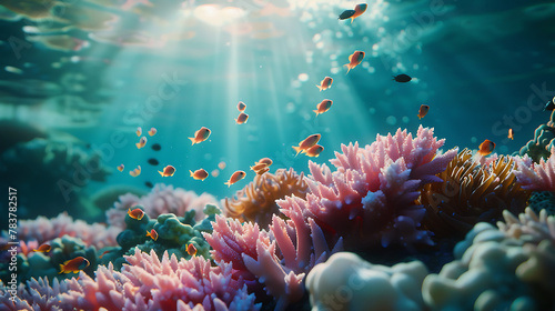 Underwater view of coral reef and fish. 
