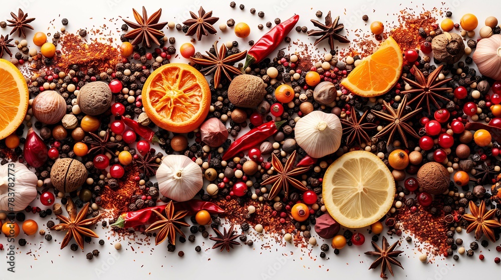 Assortment of Spices and Citrus Fruits on a White Background - obrazy, fototapety, plakaty 
