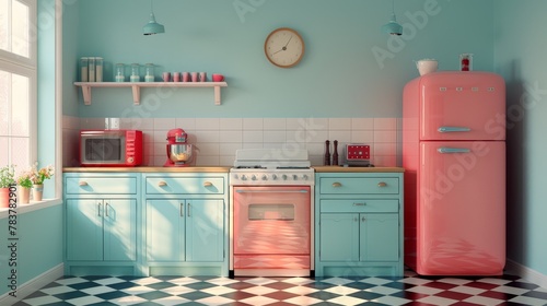 Modern Pastel Kitchen Interior with Vintage Appliances and Pink Tiles