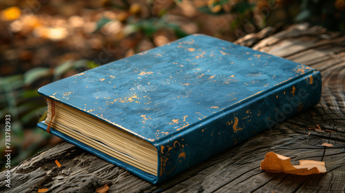 Vintage blue book with golden details resting on a rustic wooden bench, surrounded by natural light and autumn leaves, evoking a sense of wisdom and tranquility.