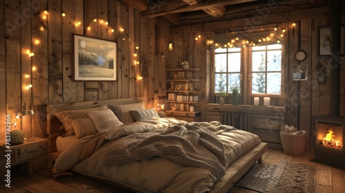 Cozy Rustic Bedroom with Fireplace and Winter Scenery View © Riz