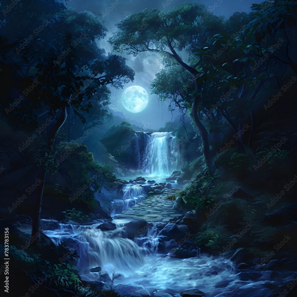 Realist Moonlit Mountain Forest with Wildlife and Flowing River
