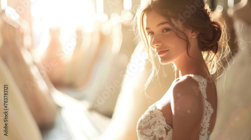 Bride in a wedding dress gracefully standing against the background of blurred wedding dresses