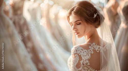 Bride in a wedding dress gracefully standing against the background of blurred wedding dresses