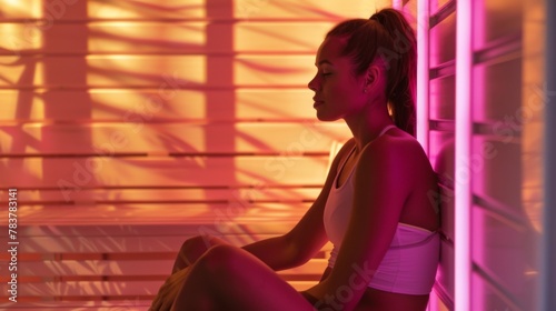 Young woman sitting comfortably on a bench, her body bathed in gentle infrared rays photo