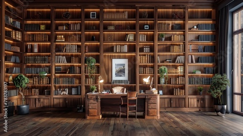 A 3D rendered cozy study room with warm wooden floors and bookshelves  featuring a mock-up frame above a classic writing desk. Ambient lighting from a vintage desk lamp casts a soft glow