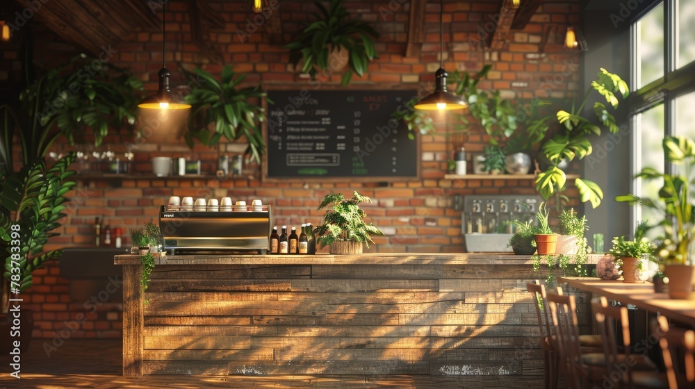 A 3D visualization of a cozy coffee shop interior, with a clear area on the front counter or a chalkboard for copy space. Warm lighting, wooden textures, plush seating, and decorative plants.