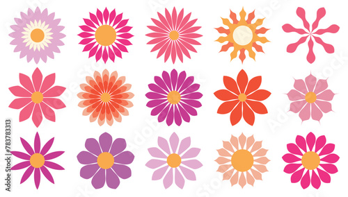 Set of bright, colorful flat style flower heads, florals aesthetic. Design elements collection for logos, web pages, prints, posters, templates.