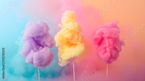 Cotton candy on sticks in teal, pink and lavender hues with dreamy smoke effect. Abstract pastel background