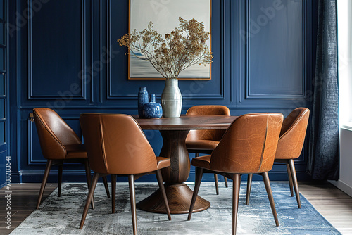 Interior design of dining room with dark blue wall and window