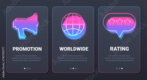 Promotion mobile app pages menu in neon glowing style. Worldwide and rating vector dark banners set.