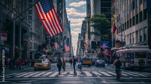 Usa flag fluttering in the wind over a street scene