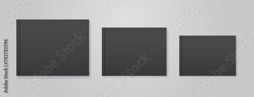 Black books landscape orientation set. Different size notebook mockup collection