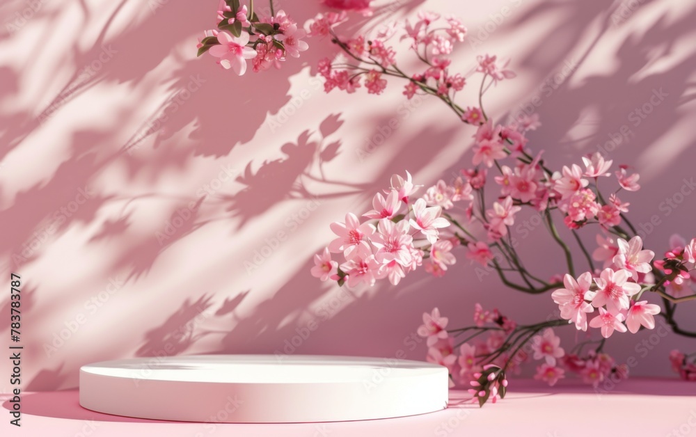 minimal abstract background, podium display with pink cherry bossom background for product presentation. 3d rendering minimal abstract background, podium display with pink cherry bossom background for product presentation. 3d rendering