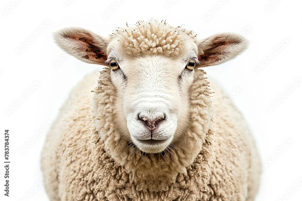  close up of smiling sheep on white background