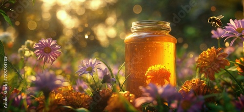Fototapeta Naklejka Na Ścianę i Meble -  A jar of honey in a blooming meadow full of bees at sunset. Natural organic honey. Beekeeping concept