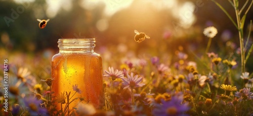 Fototapeta Naklejka Na Ścianę i Meble -  A jar of honey in a blooming meadow full of bees at sunset. Natural organic honey. Beekeeping concept