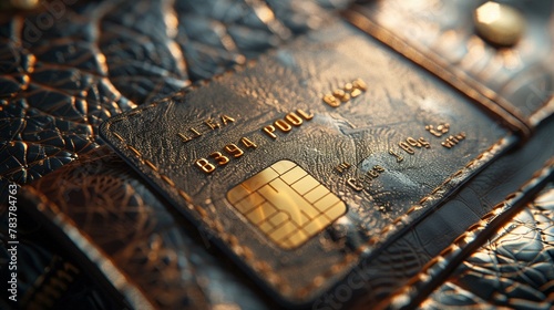Closeup of a credit card on a luxurious wallet, photorealistic, under soft natural light ,3DCG,clean sharp focus