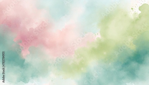 Artistic cyan, green and pink watercolor background with abstract cloudy sky concept. Grunge abstract paint splash artwork illustration. Beautiful abstract fog cloudscape wallpaper.