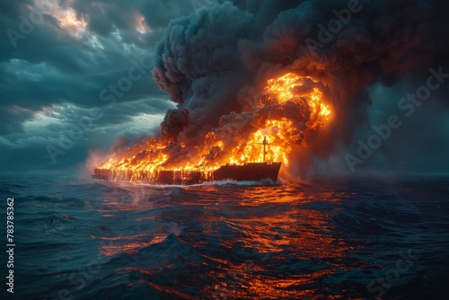 A dramatic image of a cargo ship engulfed in flames amidst a tempestuous sea under a dark sky