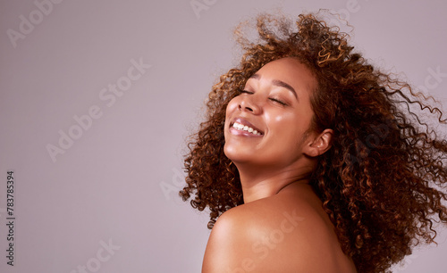 Afro, hair and smile on black woman in mockup with confidence, pride or studio space. Natural haircare, curls and hairstyle on female model with growth, style and keratin treatment on pink background