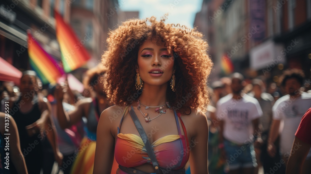 girl with curly hair in the middle of pride parade