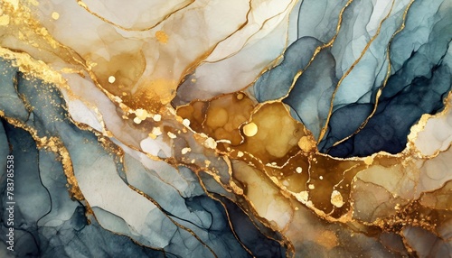 Beautiful yellow, gray and gold abstract alcohol ink watercolor background. Abstract liquid marble design. Luxury wallpaper concept brush oil modern paper splash painting water. photo
