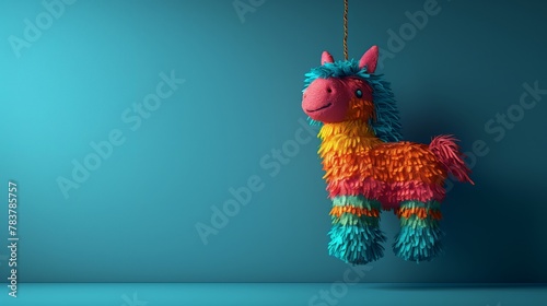 Festive Mexican Pinata for colorful party decorations, Minimalist depiction of a colorful pinata hanging from a string on a solid background