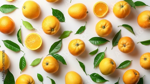 Fresh Oranges and Leaves on White Background
